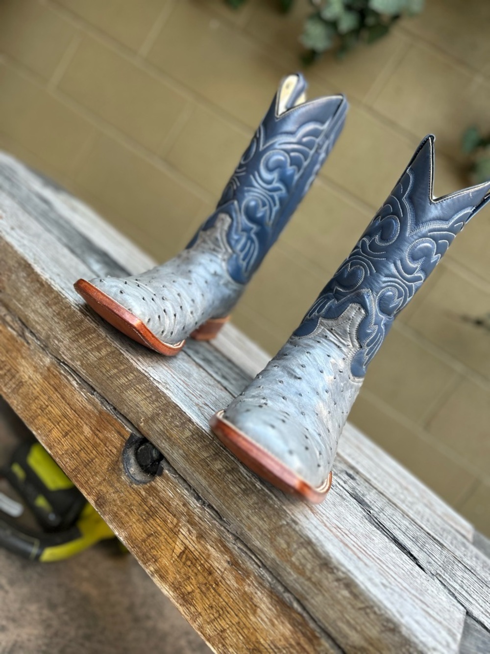 Handmade Gray Ostrich & Blue Square Toe Cowboy Boots Size 10D - Picture 12 of 15